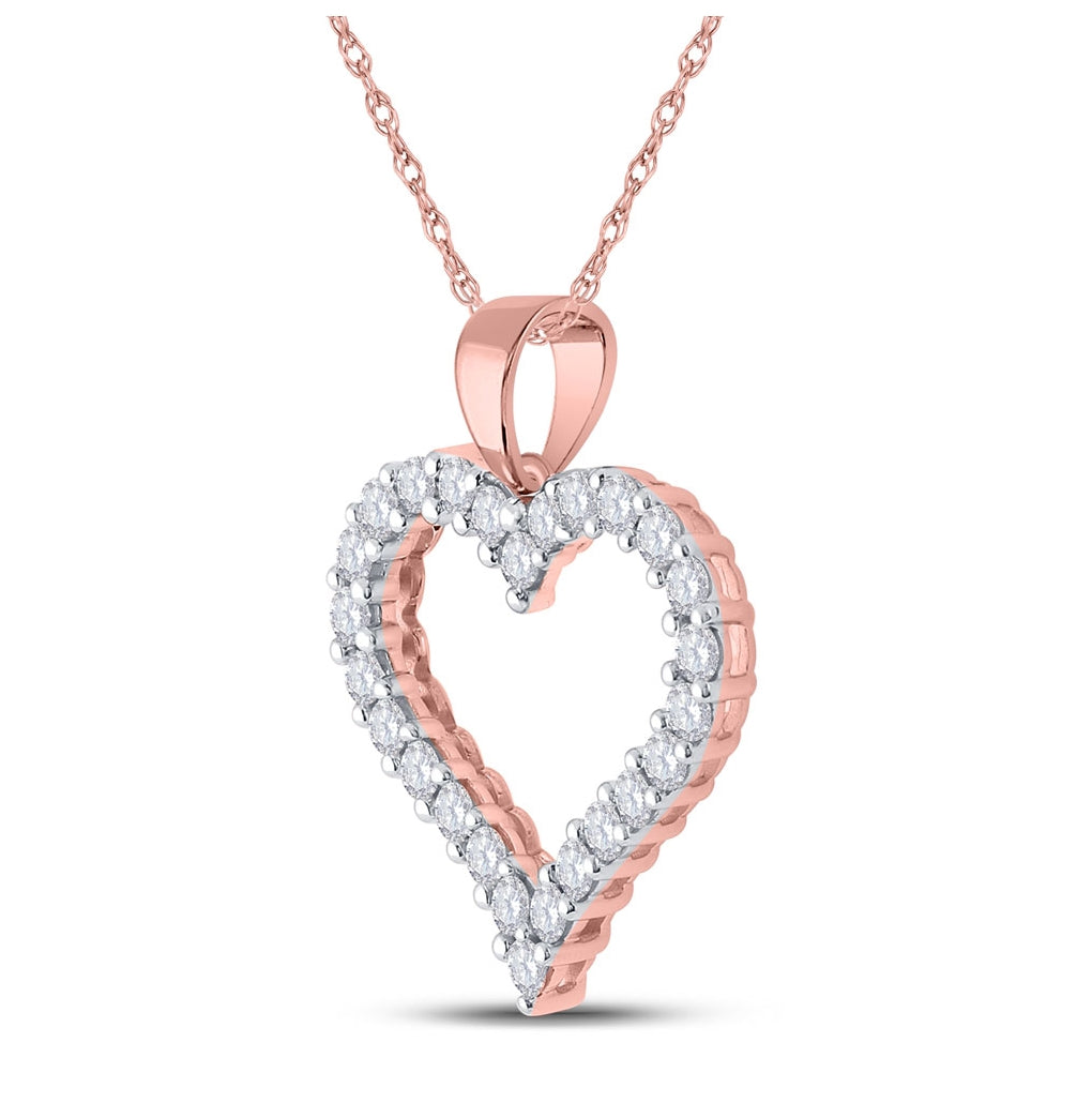 14K Rose Gold Womens Round Diamond Heart Pendant 1 Cttw