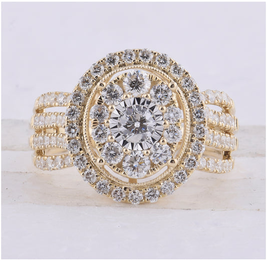 14K Yellow Gold Round Diamond Cluster Oval Bridal Wedding Engagement Ring 1-1/2 Cttw, Womens Size: 5-10