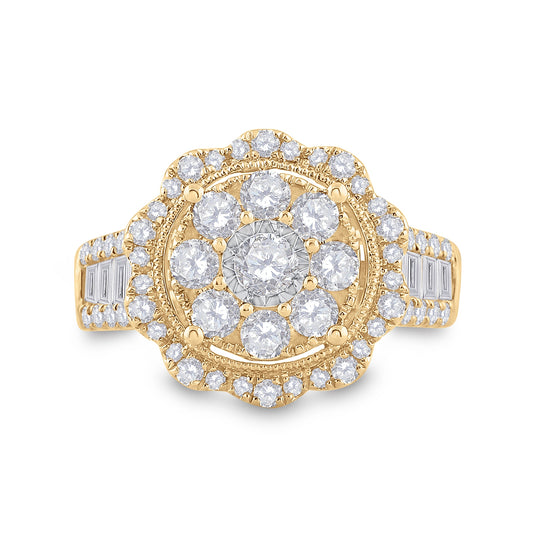 14K Yellow Gold Womens Round Diamond Flower Cluster Ring 1-5/8 Cttw, Womens Size: 5-10