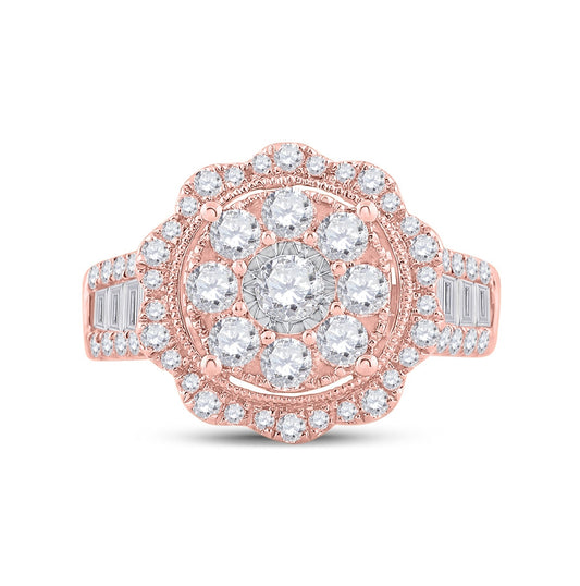 14K Rose Gold Womens Round Diamond Floral Cluster Bridal Wedding Engagement Ring 1-5/8 Cttw, Womens Size: 5-10