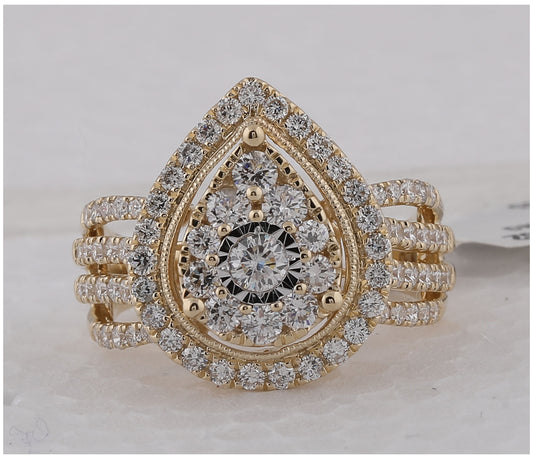 14K Yellow Gold Womens Round Diamond Teardrop Pear Cluster Ring 1-1/2 Cttw, Womens Size: 5-10