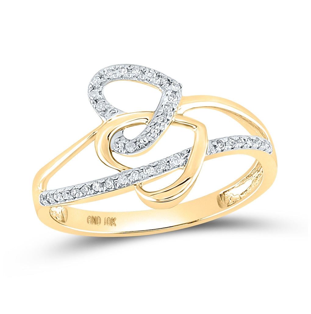 10K Yellow Gold Womens Round Diamond Double Heart Ring 1/10 Cttw, Womens Size: 5-10
