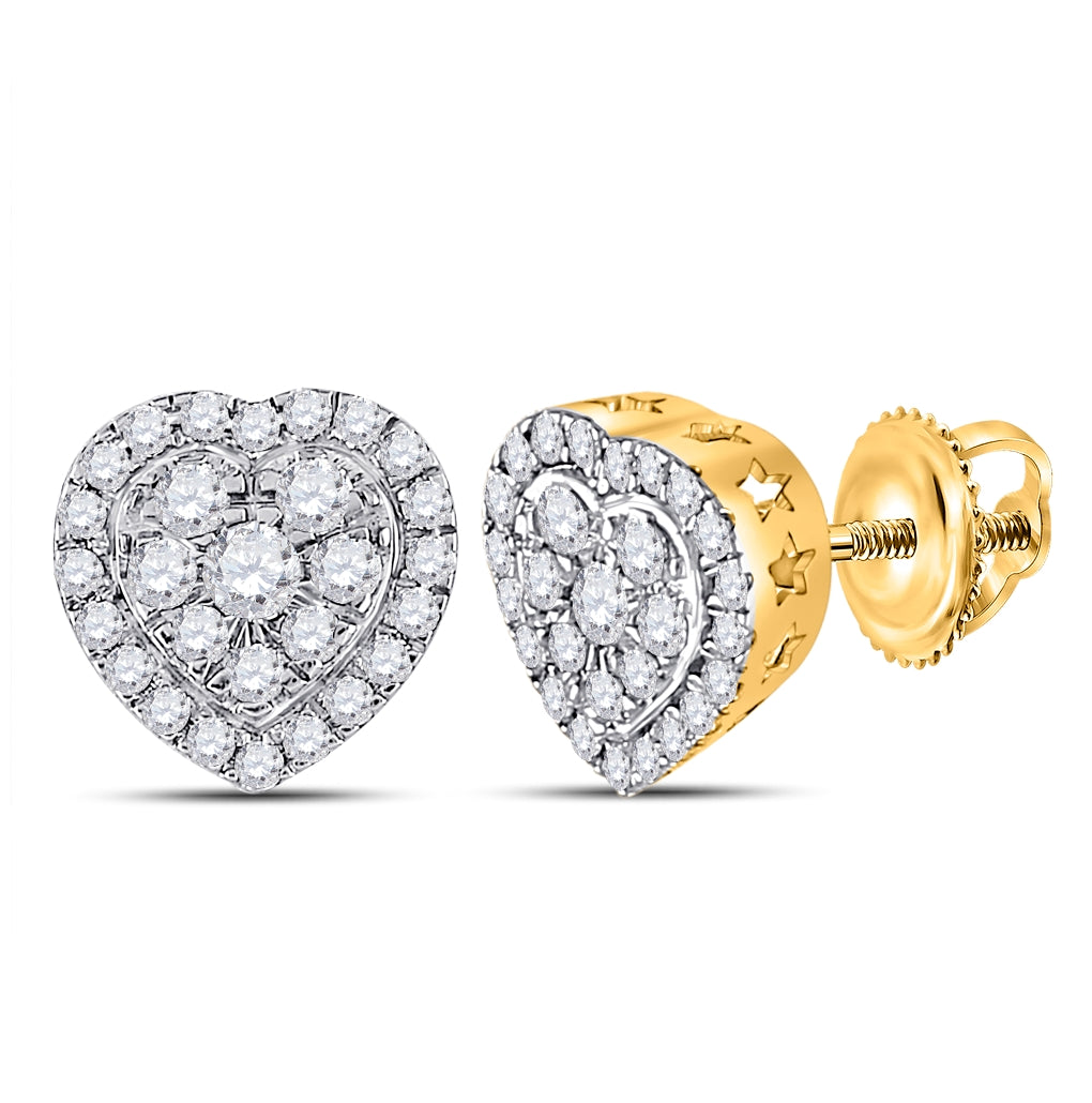 10K Yellow Gold Womens Round Diamond Heart Earrings 1/2 Cttw
