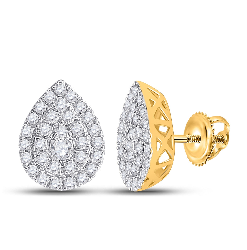 10K Yellow Gold Womens Round Diamond Teardrop Cluster Earrings 1/2 Cttw
