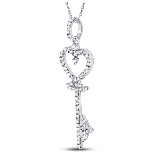 10K White Gold Womens Round Diamond Key Heart Pendant 1/5 Cttw, Length: 1.24 In, Width: 0.38 In