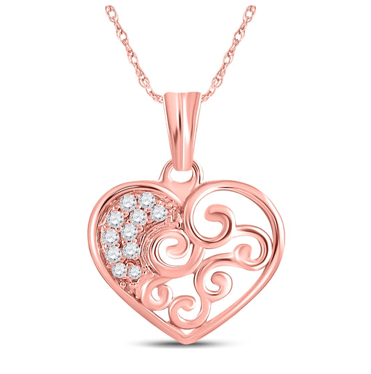 10K Rose Gold Womens Round Diamond Heart Pendant 1/12 Cttw