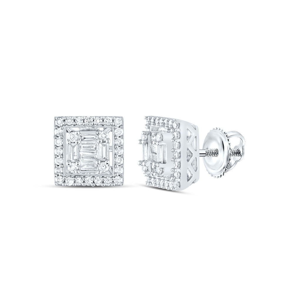 14K White Gold Womens Baguette Diamond Square Cluster Earrings 3/8 Cttw, Length: 0.3 In, Width: 0.3 In