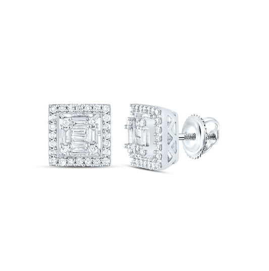 14K White Gold Womens Baguette Diamond Square Cluster Earrings 3/8 Cttw, Length: 0.3 In, Width: 0.3 In