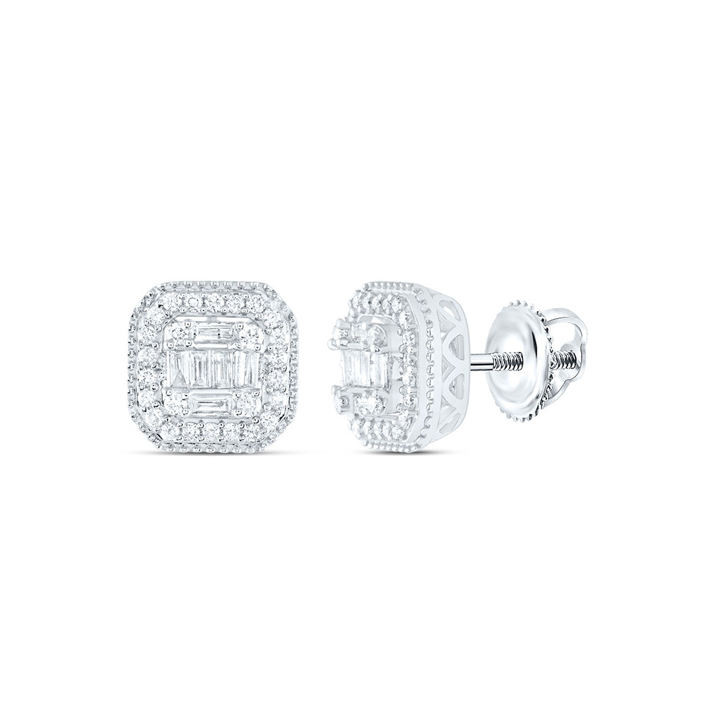 14K White Gold Womens Baguette Diamond Fashion Cluster Earrings 3/8 Cttw, Length: 0.33 In, Width: 0.33 In