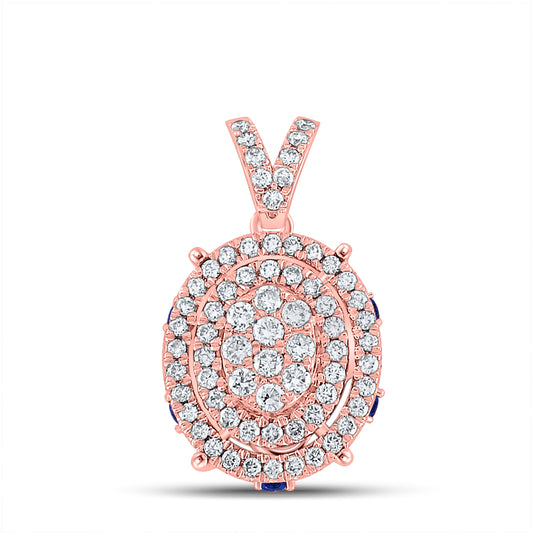 14K Rose Gold Womens Round Diamond Blue Sapphire Oval Pendant 1/2 Cttw