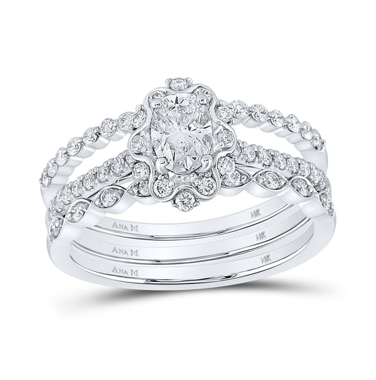 14K White Gold Oval Diamond 3-Piece Bridal Wedding Ring Band Set 1 Cttw, Womens Size: 5-10