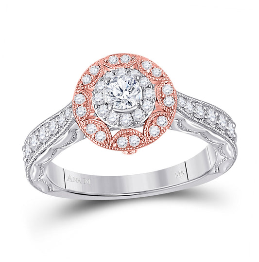 14K Two-tone Gold Round Diamond Halo Bridal Wedding Engagement Ring 3/4ctw, Womens Size: 5-10