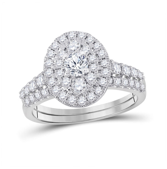 10K White Gold Round Diamond Oval Halo Bridal Wedding Ring Band Set 1 Cttw, Womens Size: 5-10