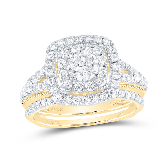 14K Yellow Gold Round Diamond Bridal Wedding Ring Band Set 1-1/2 Cttw, Womens Size: 5-10