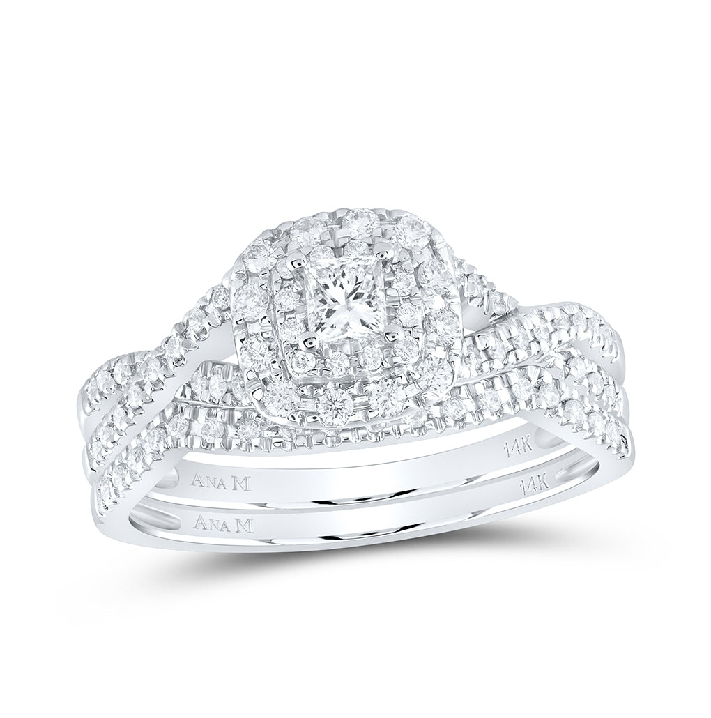 14K White Gold Princess Diamond Halo Bridal Wedding Ring Band Set 1/2 Cttw, Womens Size: 5-10