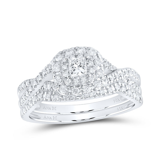 14K White Gold Princess Diamond Halo Bridal Wedding Ring Band Set 1/2 Cttw, Womens Size: 5-10