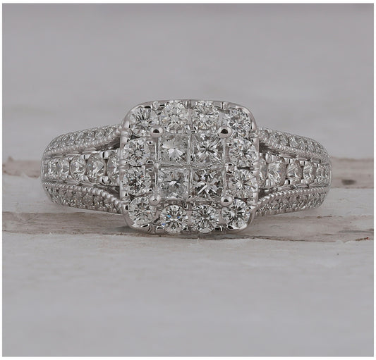 14kt White Gold Womens Princess Diamond Halo Bridal Wedding Engagement Ring 1-1/3 Cttw