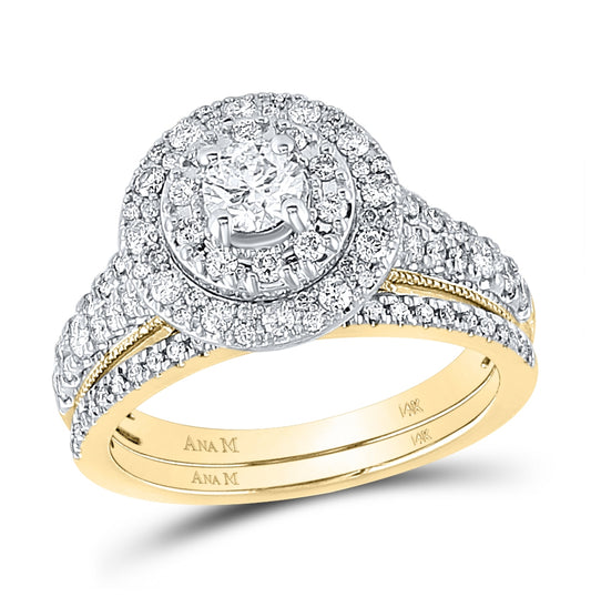 14K Yellow Gold Round Dia. Halo Bridal Wedding Band Set 1ctw, Women's Size: 5-10