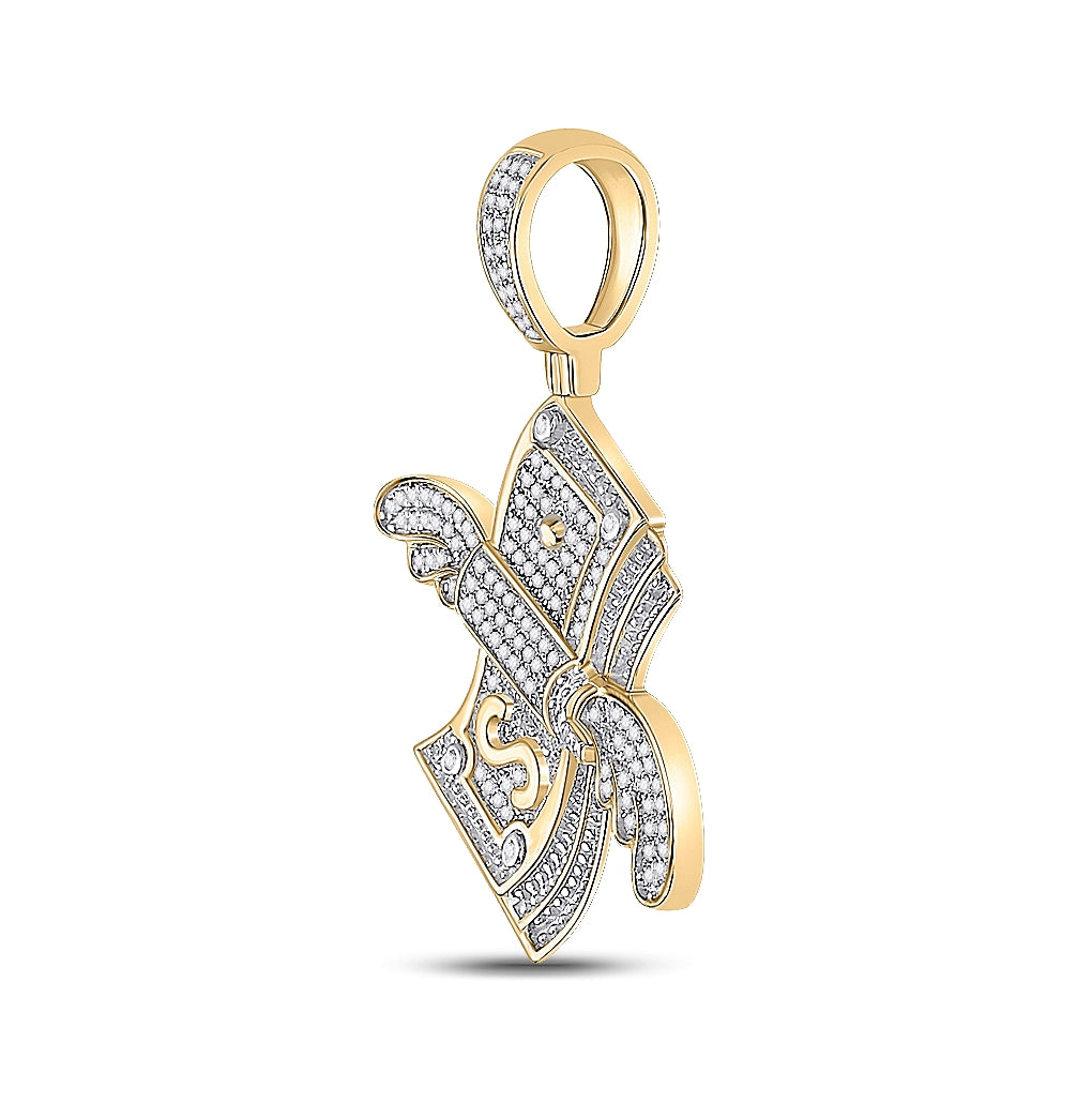 10K Yellow Gold Mens Round Diamond Flying Dollar Money Charm Pendant 1/2 Cttw