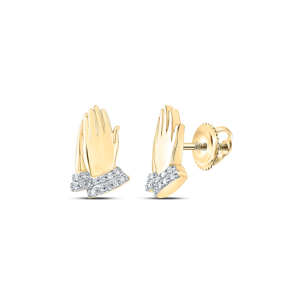 10K Yellow Gold Womens Round Diamond Praying Hands Earrings 1/12 Cttw