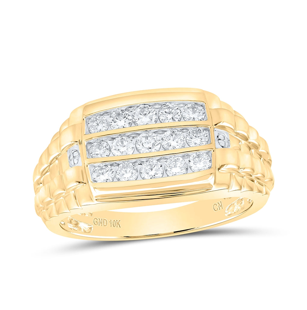 10K Yellow Gold Mens Round Diamond Ribbed Band Ring 3/4 Cttw, Mens Size: 7-13