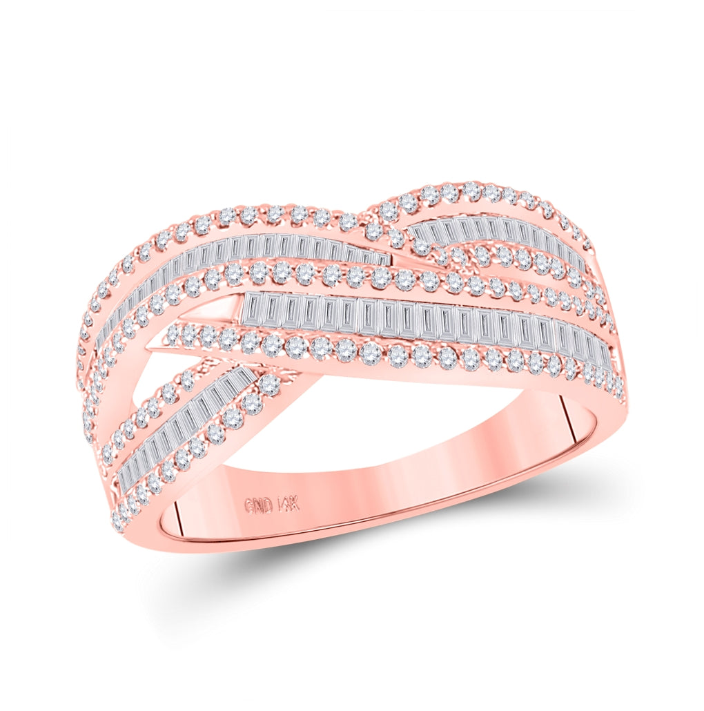 14K Rose Gold Womens Baguette Diamond Crossover Band Ring 3/4 Cttw, Womens Size: 5-10