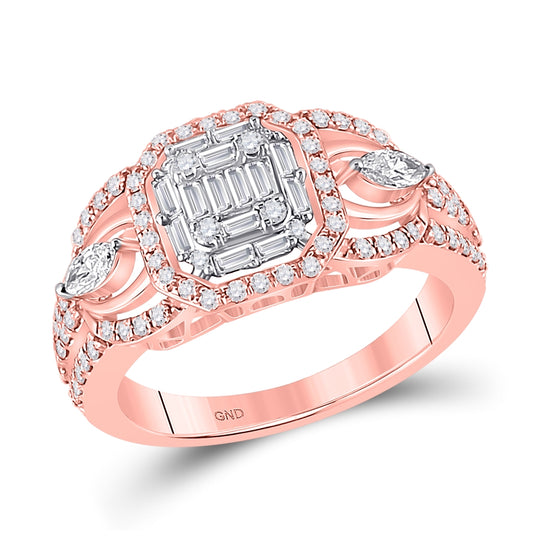 14K Rose Gold Womens Baguette Diamond 3-Stone Cluster Ring 3/4 Cttw, Womens Size: 5-10