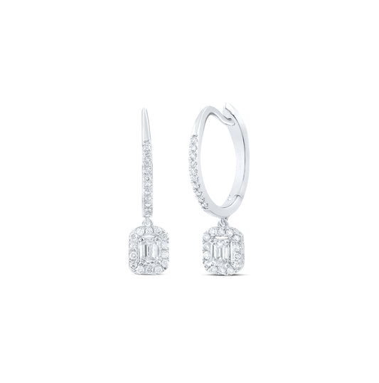 14K White Gold Womens Emerald Diamond Hoop Dangle Earrings 1/2 Cttw