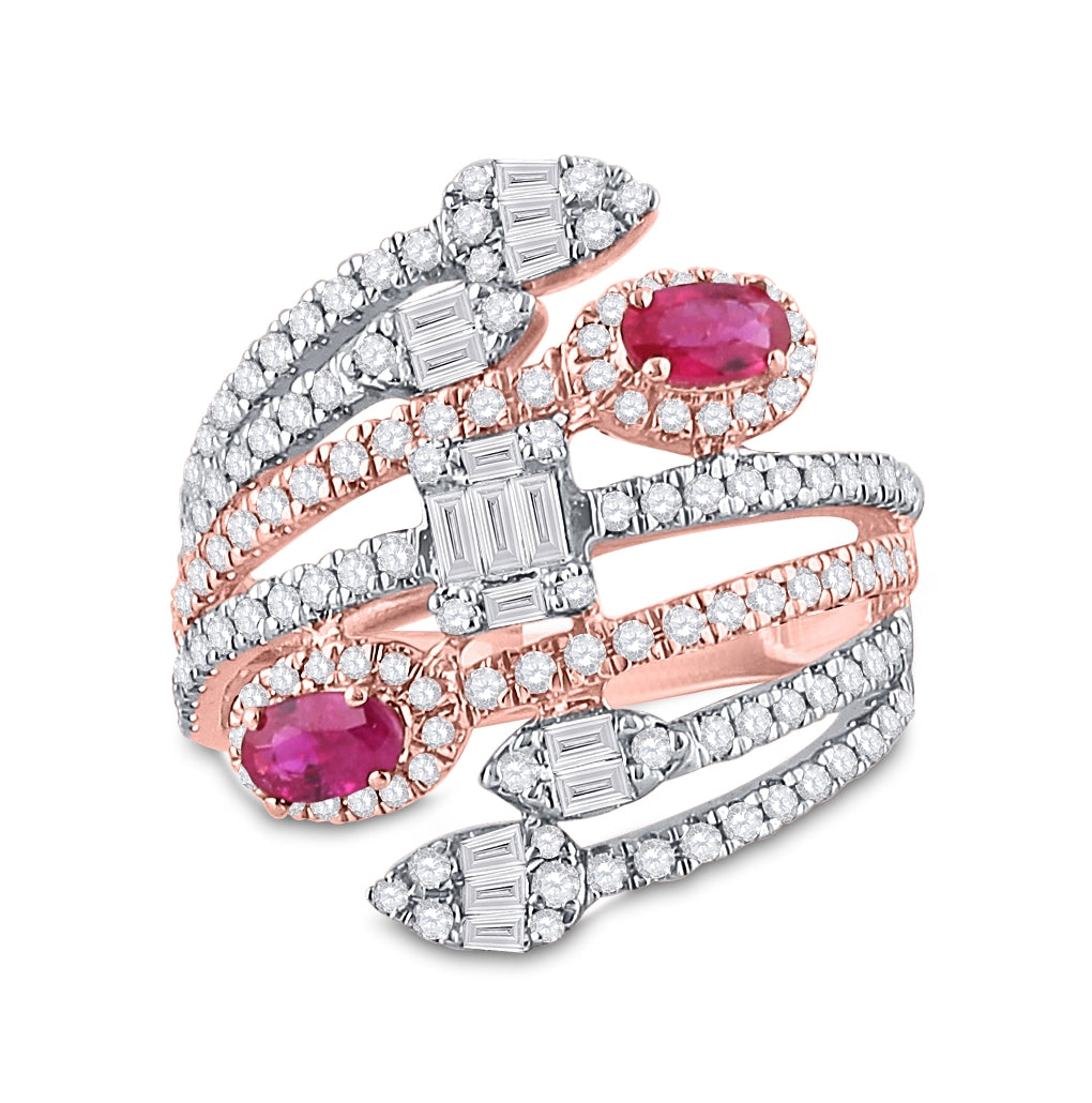 14K Rose Gold Womens Oval Ruby Diamond Spiral Cocktail Ring 1-3/4 Cttw, Womens Size: 5-10