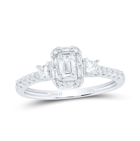 14K White Gold Emerald Diamond 3-stone Bridal Wedding Engagement Ring 5/8 Cttw, Womens Size: 5-10