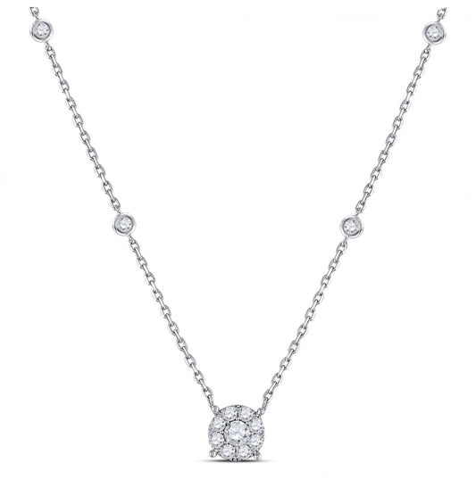 14K White Gold Womens Round Diamond Halo Solitaire Necklace 5/8 Cttw, Length: 17.99 In