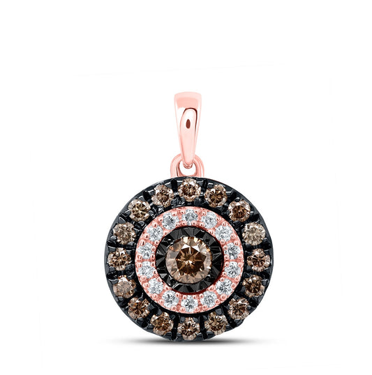 14K Rose Gold Womens Round Brown Diamond Halo Solitaire Pendant 3/8 Cttw