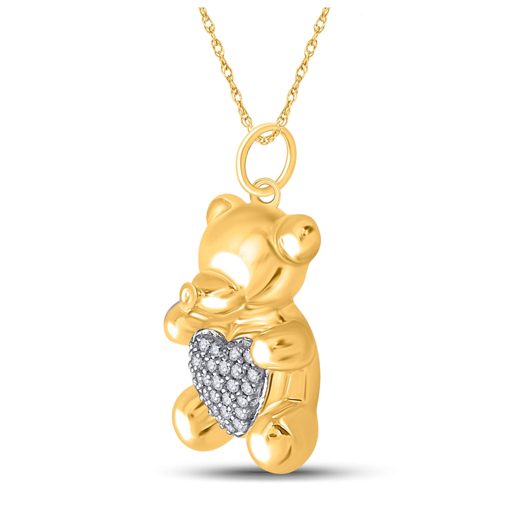 10K Yellow Gold Womens Round Diamond Bear Heart Animal Pendant 1/10 Cttw