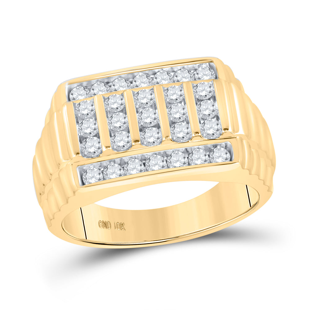 10K Yellow Gold Mens Round Diamond Ribbed Fashion Ring 1 Cttw, Mens Size: 7-13