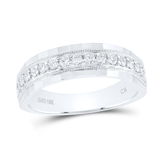 10K White Or Yellow Gold Mens Round Diamond Wedding Single Row Band Ring , Mens Size: 7-13