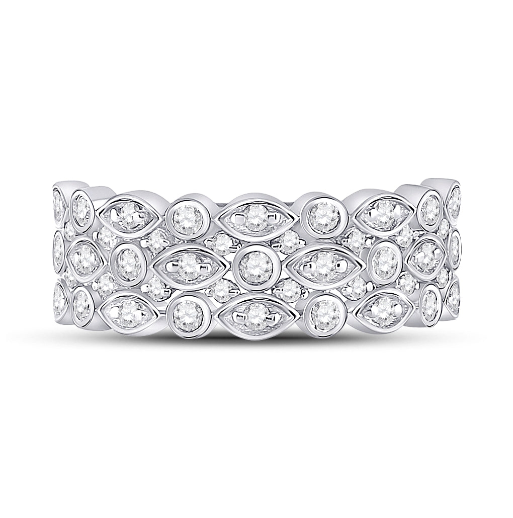 14K White Gold Womens Round Diamond Oval Dot 3-Row Fashion Ring 3/4 Cttw, Womens Size: 5-10