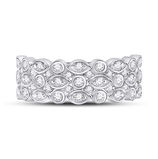 14K White Gold Womens Round Diamond Oval Dot 3-Row Fashion Ring 3/4 Cttw, Womens Size: 5-10