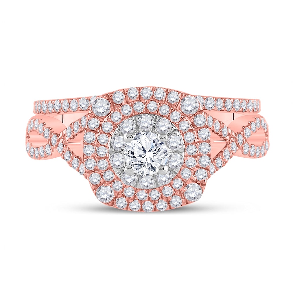 14K Two-tone Gold Round Diamond Halo Bridal Wedding Ring Band Set 1-1/3 Cttw, Womens Size: 5-10
