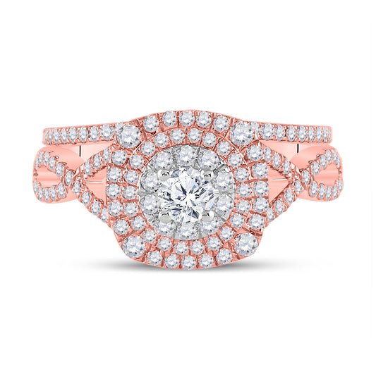 14K Two-tone Gold Round Diamond Halo Bridal Wedding Ring Band Set 1-1/3 Cttw, Womens Size: 5-10