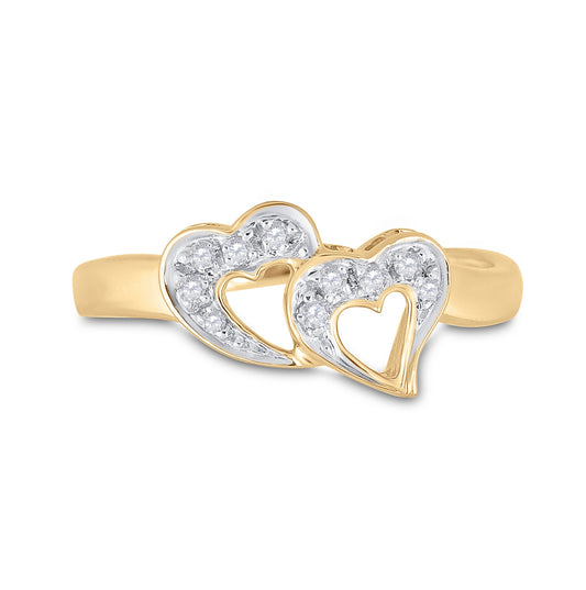 10K Yellow Gold Womens Round Diamond Double Heart Ring 1/20 Cttw, Womens Size: 5-10