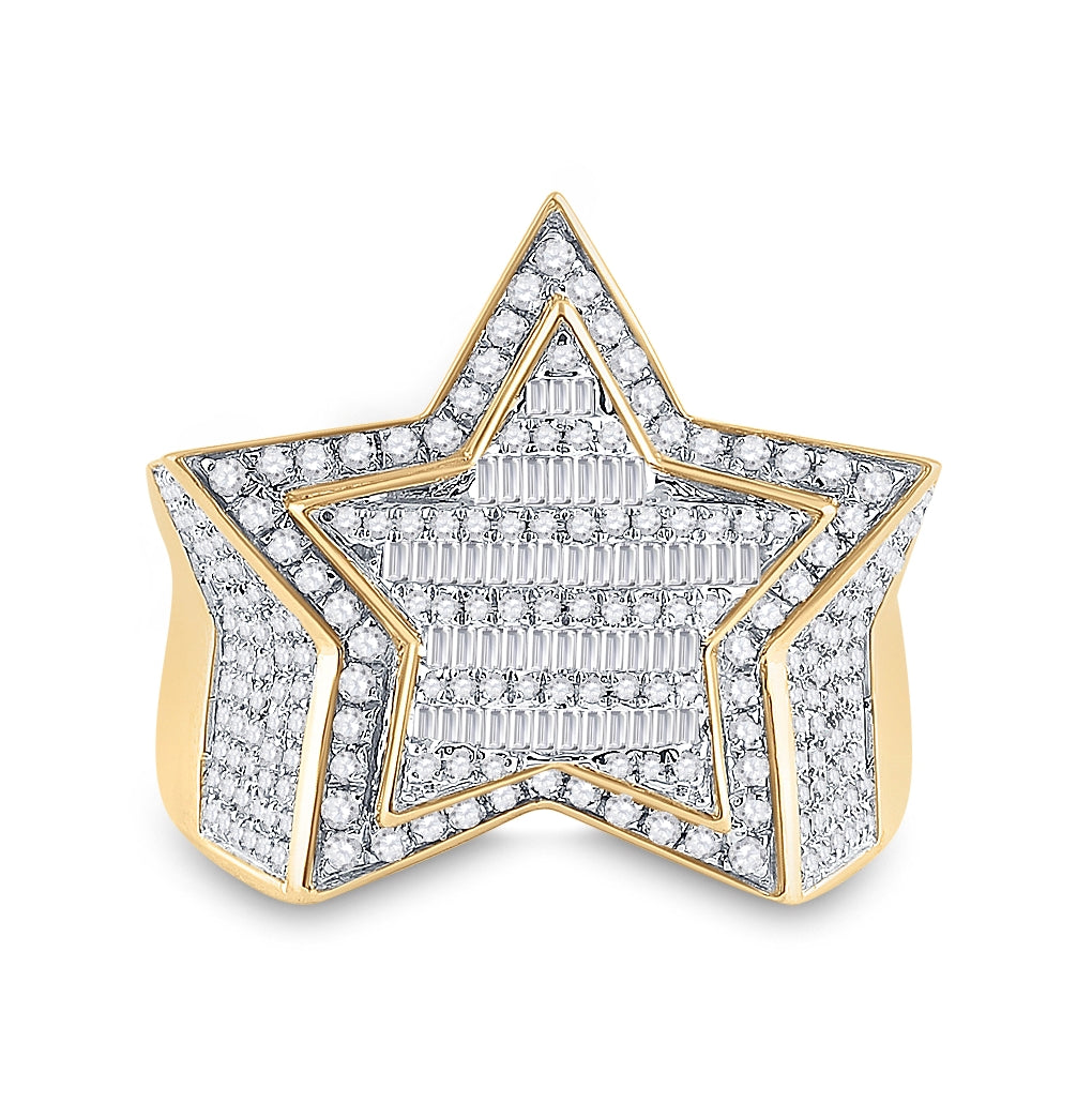 10K Yellow Gold Mens Baguette Diamond Statement Star Ring 1-1/4 Cttw, Mens Size: 7-13