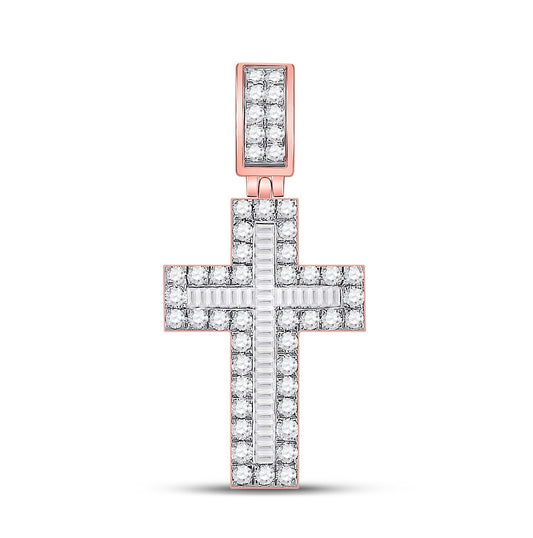 10K Rose Gold Mens Baguette Diamond Cross Charm Pendant 1-5/8ctw