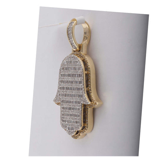 10K Yellow Gold Mens Baguette Diamond Hamsa Charm Pendant 2 Cttw, Length: 1.9 In, Width: 1.22 In