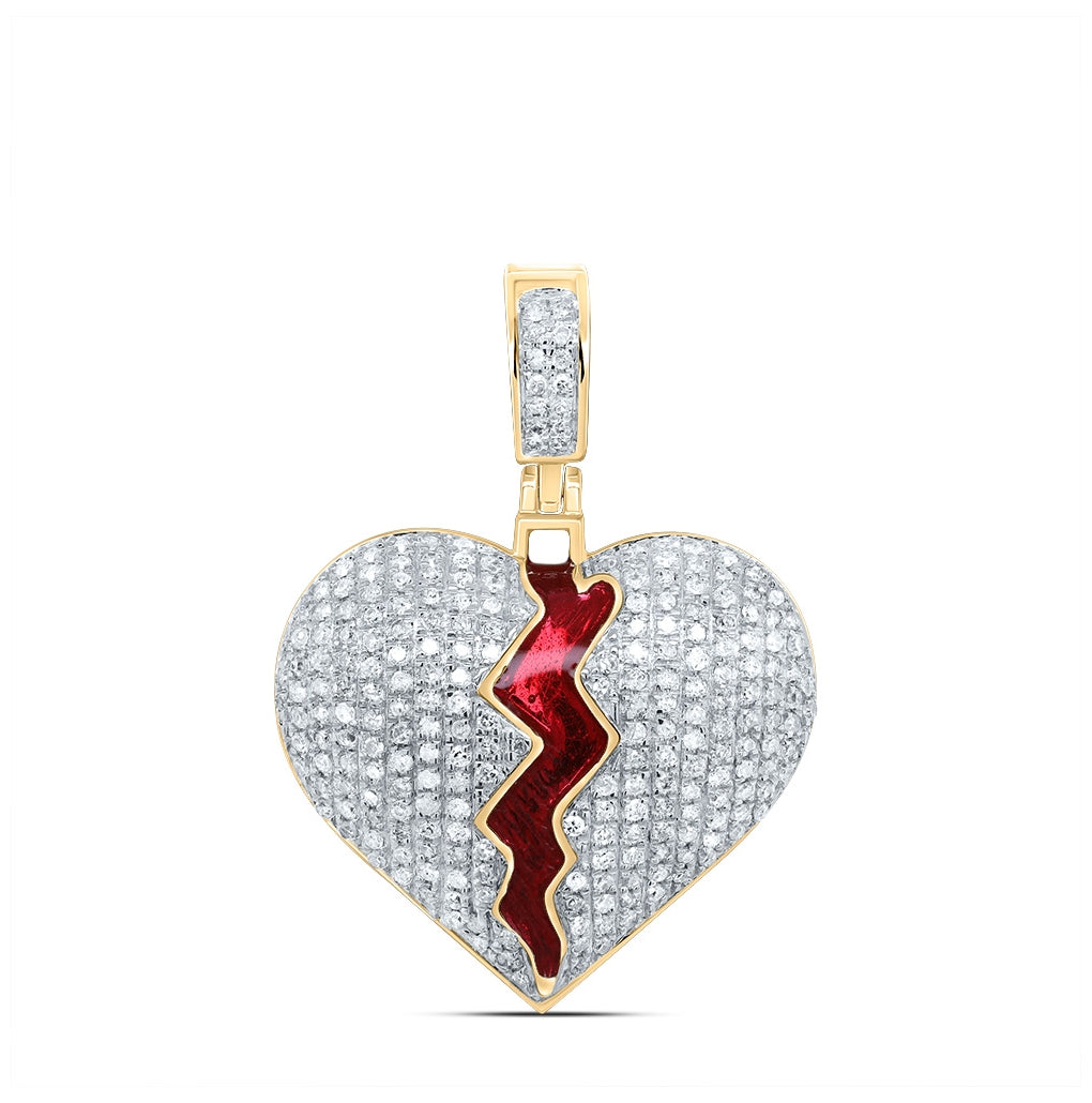 10K Yellow Gold Mens Round Diamond Broken Split Heart Charm Pendant 3/4 Cttw, Length: 1.2 In, Width: 0.85 In