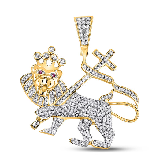 10kt Yellow Gold Mens Round Diamond Lion Cross Banner Charm Pendant 7/8 Cttw
