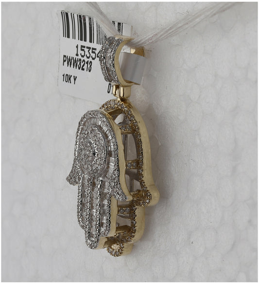 10K Yellow Gold Mens Baguette Diamond Hamsa Charm Pendant 1 Cttw, Length: 1.25 In, Width: 0.76 In