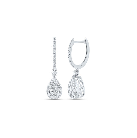14K White Gold Womens Round Diamond Hoop Teardrop Dangle Earrings 1 Cttw