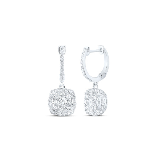 14K White Gold Womens Round Diamond Hoop Square Dangle Earrings 1 Cttw, Length: 0.91 In, Width: 0.27 In