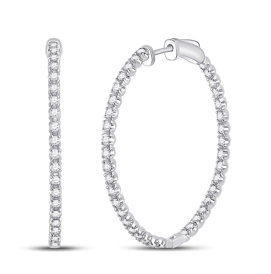 14K White Gold Womens Round Diamond Inside-Outside Hoop Earrings 1-5/8 Cttw