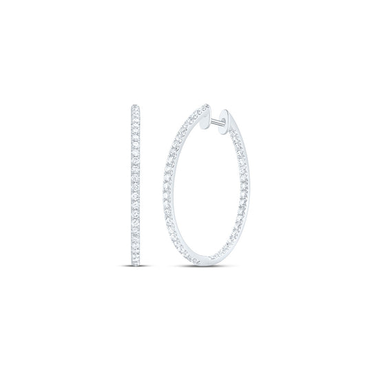 14K White Gold Womens Round Diamond Slender Single Row Hoop Earrings 1-1/2 Cttw, Length: 1.16 In